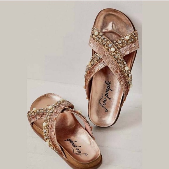 Free People Moon Child Embellished Slide Sandal Leather Rose Gold 37/ US size 7 - Picture 2 of 7